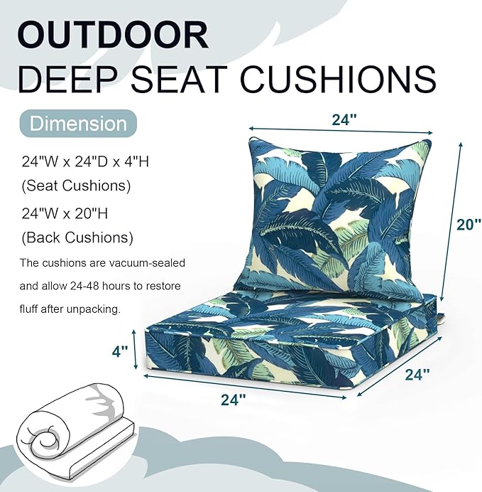 Outdoor Deep Seat Cushion Set, Water Repellent 24"x24" Patio Thick Cushions Replacement with Seat & Back Pillow for Patio Sofa, Wicker Chair, Couch - Swaying Palms Blue