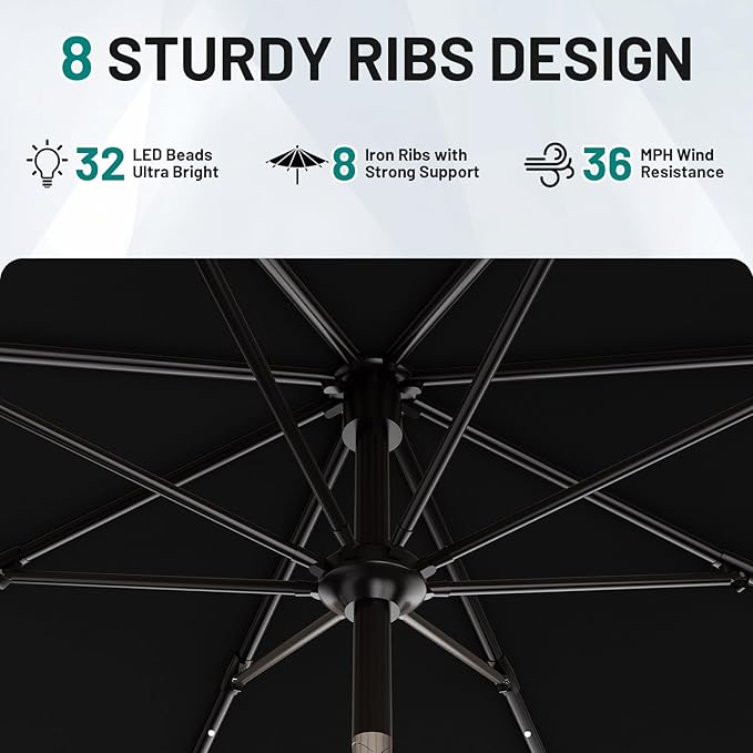 AreShark 9FT Patio Umbrella with Solar Lights, 32 LED Lighted Pool Umbrella w/Tilt and Crank, Outdoor Market Solar Umbrellas for Garden, Deck, Backyard, Pool and Beach, Black
