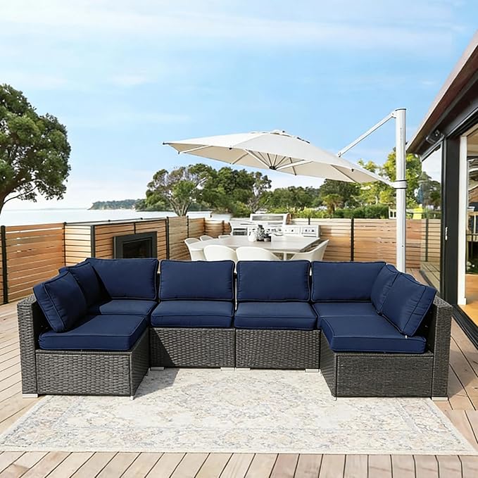 Patio Furniture Cushions, 14 Pieces Water-Resistant Outdoor Replacement Cushions, Sectional Sofa Cushions for 6-Seats Rattan Wicker Patio Conversation Sets, Dark Blue