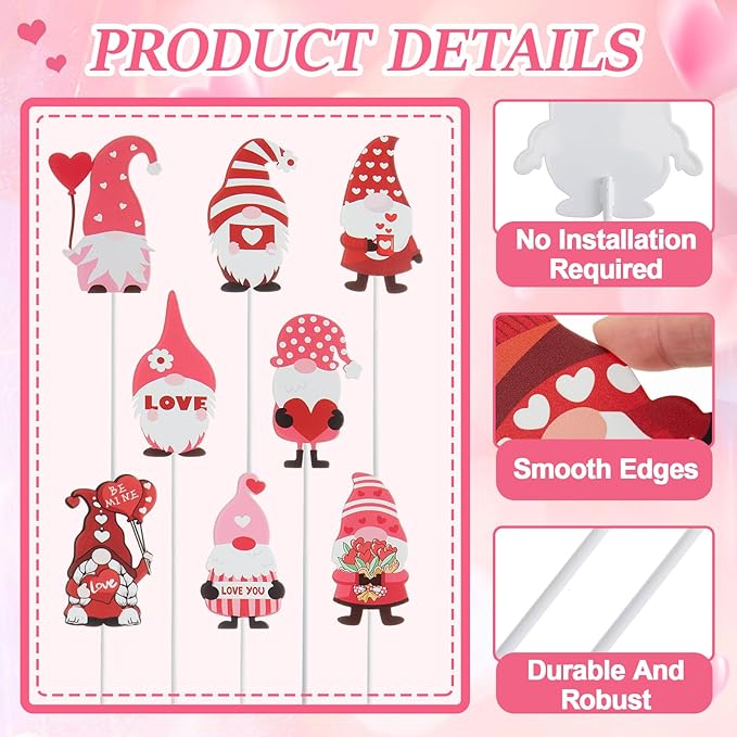 Novabright 12 Pcs 12'' Valentine's Day Metal Gnomes Yard Planter Stakes Valentines Gnomes Garden Stakes Potted Plant Signs Outdoor Decorations for Planter Pot Lawn Patio Wedding Party Decor
