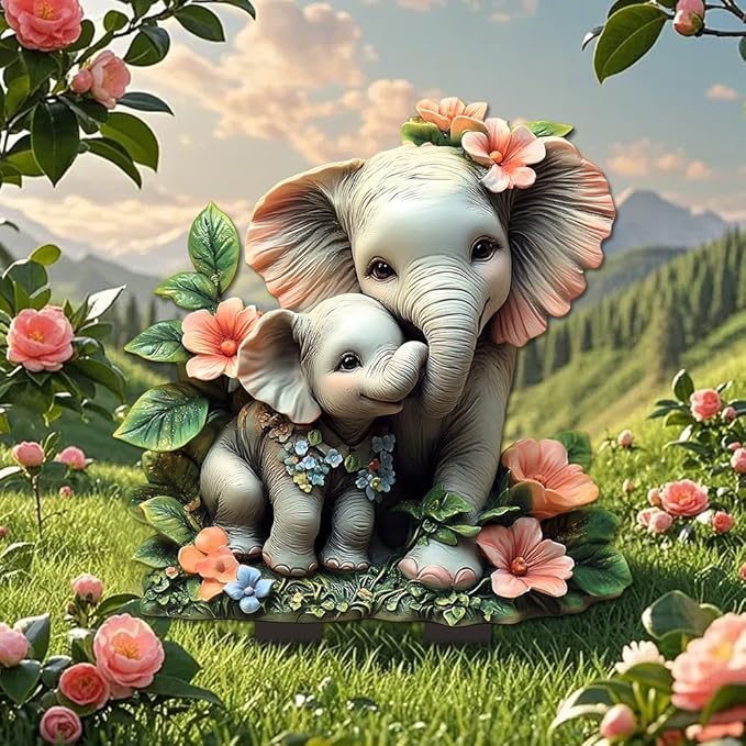 Garden Stake Decor, Acrylic 2D Flat Animal Statue, Fairy Sculptures Ornament Indoor Outdoor Yard Lawn Pot Plant Decorative Accessories (Small Elephant)