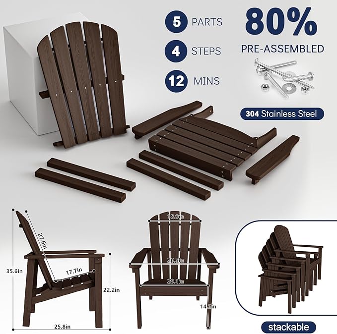 nevilywood Compact Stackable Adirondack Chairs, 26.3" Wide HDPE Outdoor Patio Chairs - Durable, Space-Saving Design for Porch, Lawn or Garden, Coffee
