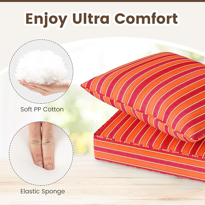 Giantex Patio Cushion Set, Outdoor Chair Seat Pads w/Non-Slip Rope Belts, Detachable Patio Furniture Cushions, Thick Seat Cushion & Back Cushion for Living Room Floor Sofa Patio Garden Chair (Orange)