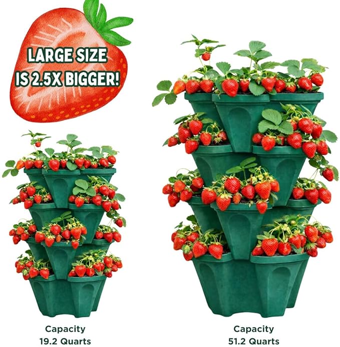 Large Vertical Planter Tower – 4 Tier Stackable Garden Planter, 28 Plant Sites, Commercial Grade Strawberry Planter, Heavy Duty Vertical Growing System with Center Support Hole (Deep Forest, Large)