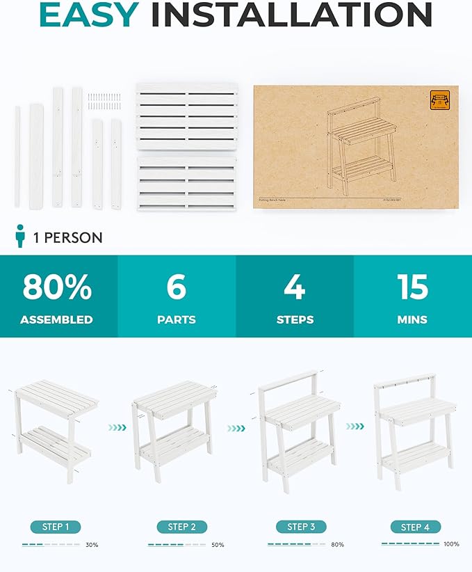 SERWALL Potting Bench Outdoor with Storage, 3-Tier HDPE Gardening Table with Angled Legs & Tool Hooks, All-Weather Heavy Duty Potting Table for Patio, Backyard, Garden,White