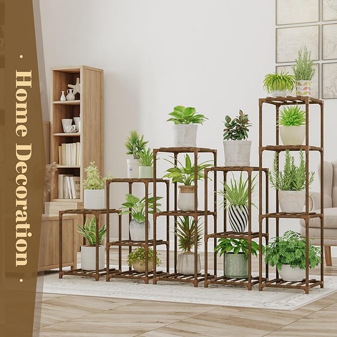 Bamworld 5 Sets Plant Stands Indoor Outdoor Combo Plant Shelves Wooden Plant Holder Rack for Multiple Plants Flower Stands for Living Room Balcony Garden Patio Lawn Window