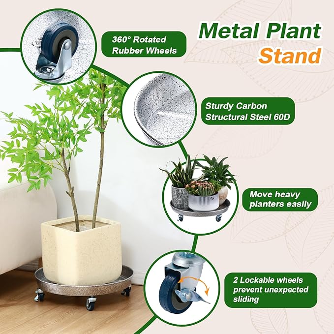 3 Packs Metal Plant Caddy with Wheels 16 inches Rolling Plant Stand Heavy Duty Plant Dolly with Casters for Indoor and Outdoor Large Planter Casters Potted Plant Mover, Silver-black