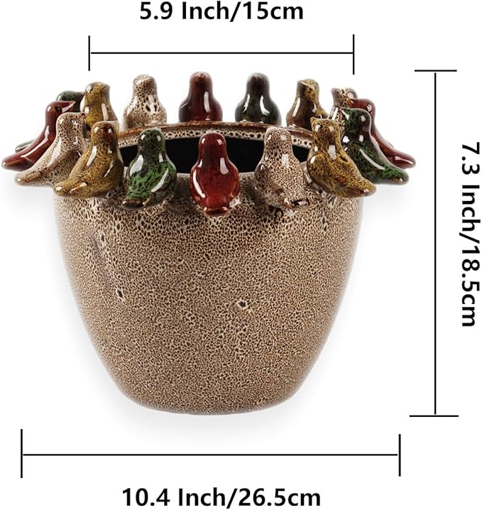 10.4 Inch Plant Pot, Ceramic Planter with Drainage Hole and Silicone Plug, Flower Pot with Ceramic Birds on Rim, Reactive Glaze, for Indoor Outdoor Plants Home Garden Patio Office