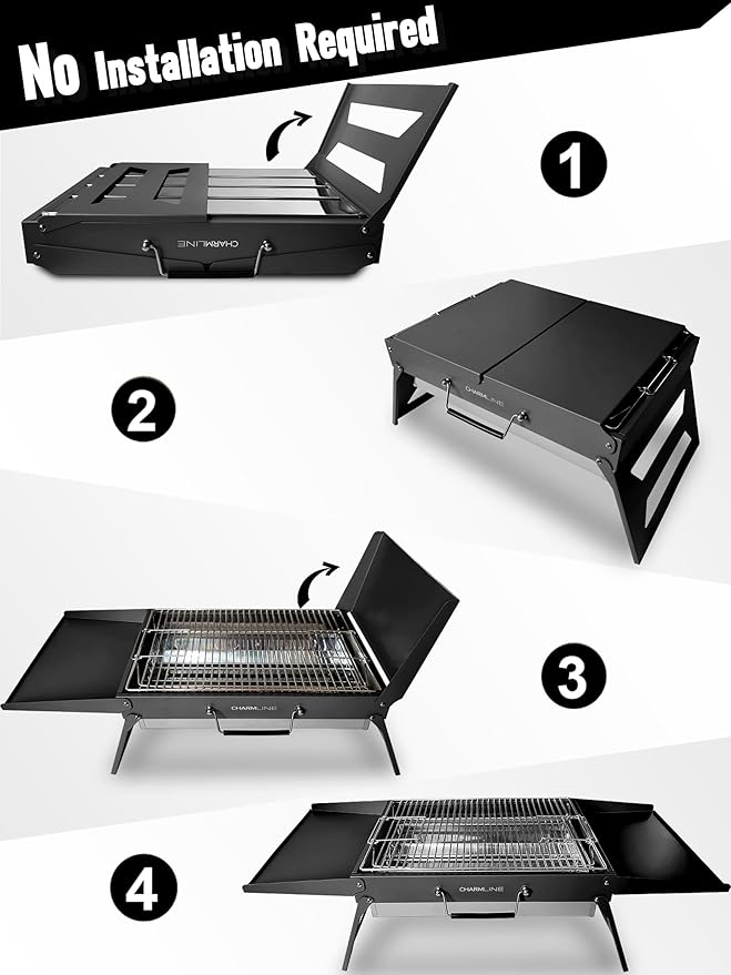 Charmline 20x14 inches Big Desktop Charcoal Grill, Liftable Grilling Net, Foldable Portable Grill for Indoor and Outdoor, BBQ Grill for Camping, Gardens, Picnics, Beach Parties, Black