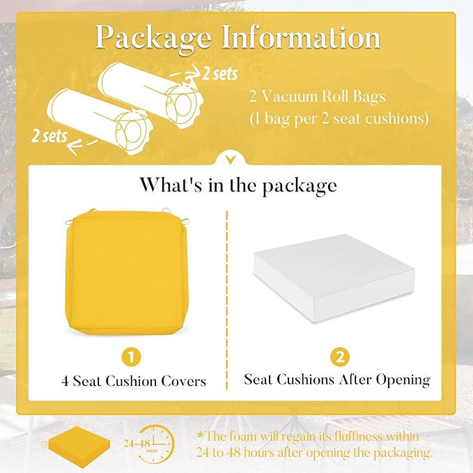 Basic Beyond Outdoor Chair Cushions for Patio Furniture, Waterproof Outdoor Seat Cushions Set of 4 19 x 19, Patio Chair Cushions Set of 4 with Ties and Handle, Yellow