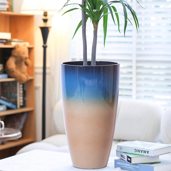 Tall Planters for Outdoor Plants, Heavy-Duty Plastic Lightweight Flower Pots Blue to Khaki Gradient Garden Pots Porch Planters Outdoor Set of 2 Gifts for Plant Lovers