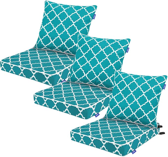 Deep Seat Cushions, Outdoor Cushions, Patio Furniture Cushions, Deep Seat & Back Cushion Patio Cushions for Backyard Couch Sofa Fade Resistant (22x24x4 inches 3 Sets, Aqua Plaid)
