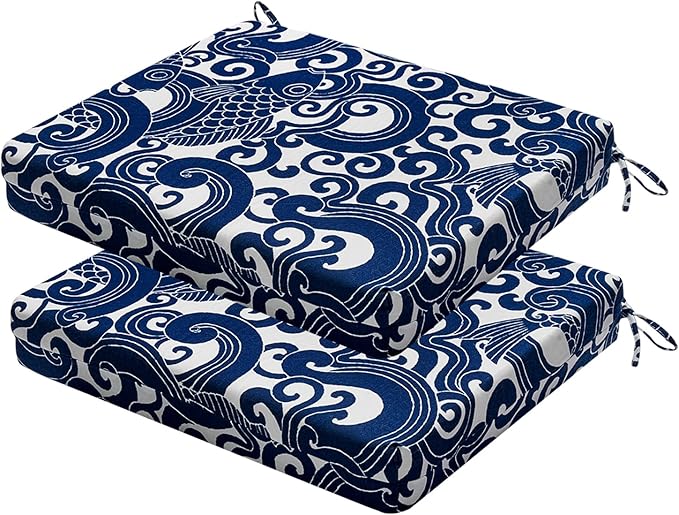 Outdoor Chair Cushions Set of 2, 18.5 x 16 Inch Patio Chair Cushions, Water Resistant, Non-Slip Ties (Blue Carp)