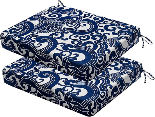 Outdoor Chair Cushions Set of 2, 18.5 x 16 Inch Patio Chair Cushions, Water Resistant, Non-Slip Ties (Blue Carp)