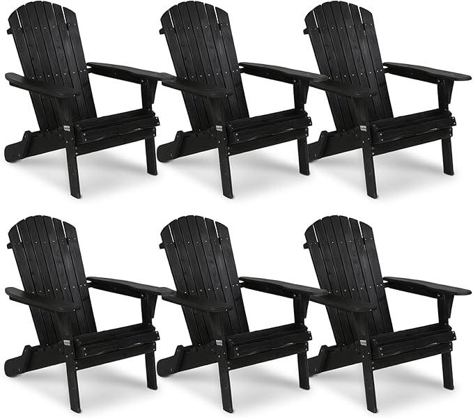 VINGLI Folding Adirondack Chairs Set of 6, Wood Adirondack Chair for Outdoor, Foldable Fire Pit Chairs for Patio, BBQ, Porch, Yard, Pool, Black