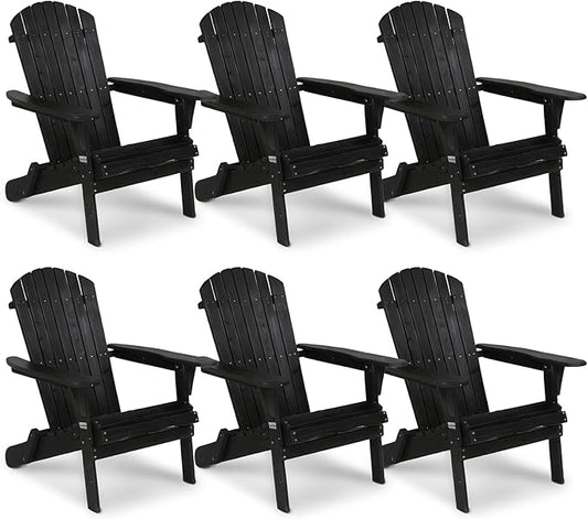 VINGLI Folding Adirondack Chairs Set of 6, Wood Adirondack Chair for Outdoor, Foldable Fire Pit Chairs for Patio, BBQ, Porch, Yard, Pool, Black