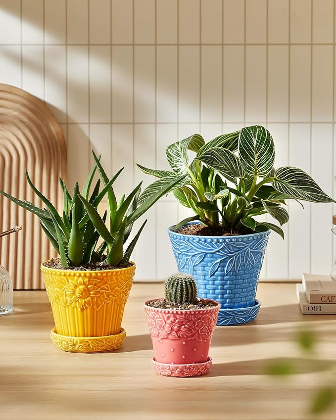 Ceramic Plant Pots, 3.8+4.9+5.8 Inch, Set of 3 Flower Pots with Drainage Hole & Saucer, Embossed Planter Pots for House Plants, Home Decor, Set of 4, Assorted Colors
