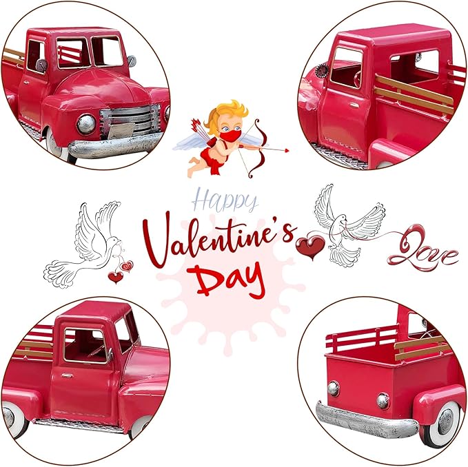 Vintage Red Metal Truck Decor, Red Truck Christmas Decor, Decorative Tabletop Storage,Farmhouse Pickup Truck Planter for Garden Home Holiday Decor