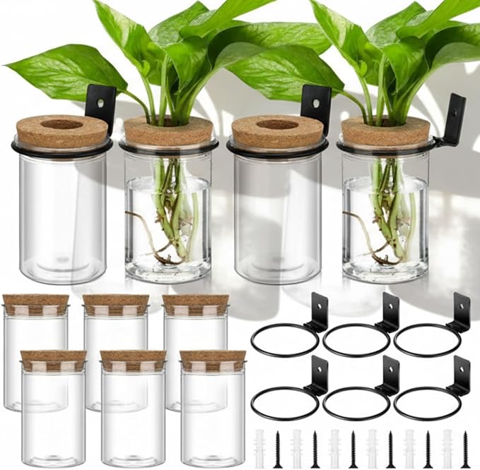 Baderke 6 Set Wall Plant Holder with Plastic Propagation Vases Hanging Planter Wall Mounted Set for Plants Growing in Water Hydroponic Artificial Plants Indoor Decor (2.48" X 3.94",Classic)
