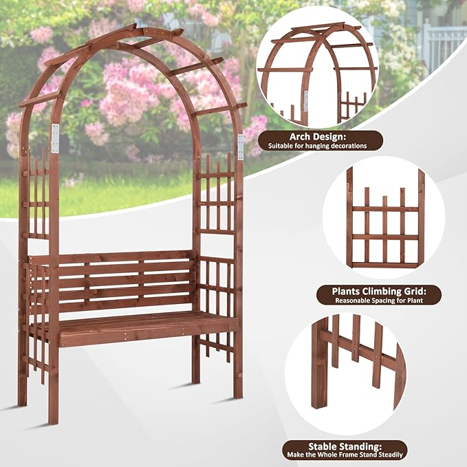 6.8FT Garden Arch with Bench, Arbor Arch for Climbing Plants with Garden Bench, Garden Arbors Trellises for Climbing Plants, Patio Trellis Pergola for Decoration, Wooden Arbor Trellis Garden