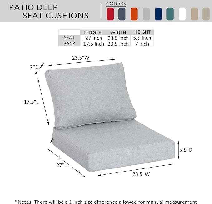 23.5"x27" Outdoor Deep Seat Patio Cushions Set of 2, Deep Seat Bottom Resilient Foam Filling Water-Resistant Stain-Resistant UV Resistant Weather Resistant with YKK Zippers, Stone Grey
