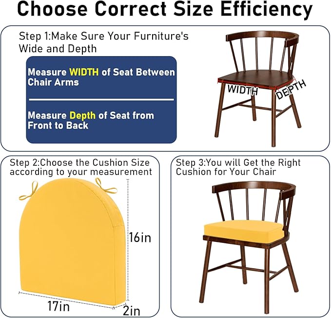 Topotdor Outdoor Chair Cushions Set of 4, 17"x16"x2" Waterproof Patio Chair Cushions for Outdoor Furniture, Round Corner Outdoor Seat Cushions Color Fastness Chair Pads with Ties, Yellow