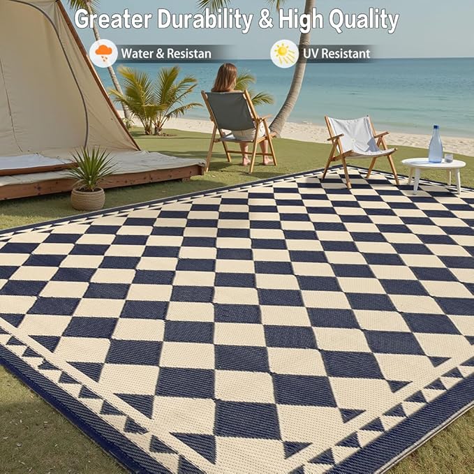 HUGEAR Outdoor Rug for Patios Clearance,Waterproof Mat,Large Outside Carpet,Reversible Plastic Straw Camping Rugs,Rv,Porch,Deck,Camper,Balcony,Backyard (9x12,Checkered/Black&Beige)