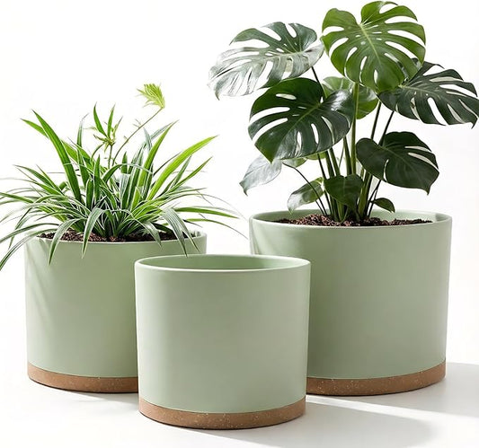 (3 Pack) 10 Inch Plant Pot with Drainage and Saucers, 10/9/8 Inch Plastic Plant Pots for Indoor Plants, Modern Round Planter Set for Flowers, Herbs, Garden Decor (Green-Brown)