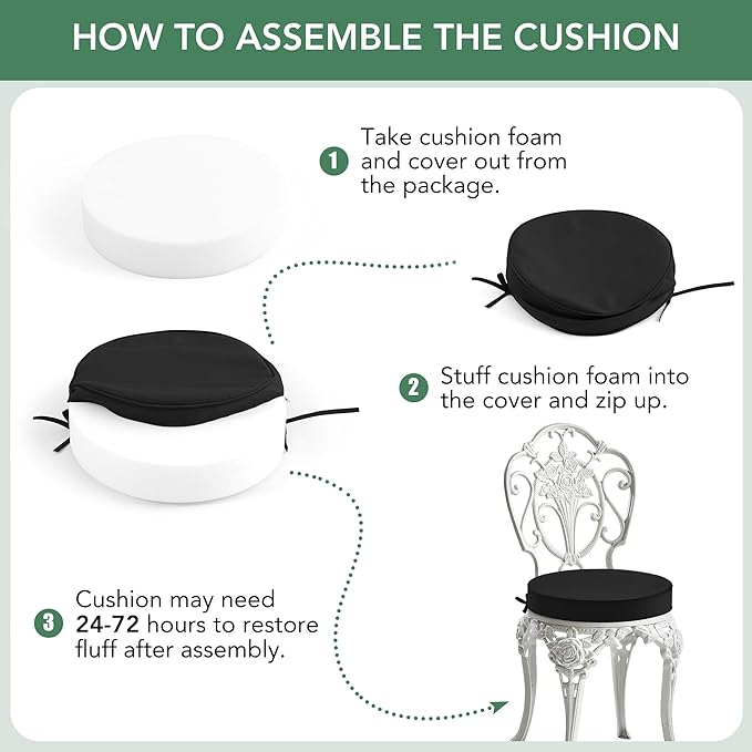 Outdoor Bistro Chair Cushions Set of 2, 15" D x 3" H Round Chair Cushions Waterproof and Fade Resistant Chair Cushion Pads with Non-Slip Ties and Removable Covers for Garden, Black