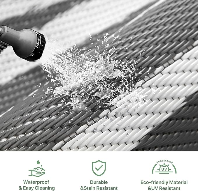 GENIMO Outdoor Rug Waterproof for Patio Decor, 10'x20' Foldable Reversible Plastic Straw Carpet, Outside Area Mat for Rv, Deck, Picnic, Porch, Camper, Balcony, Beach, Grey & White