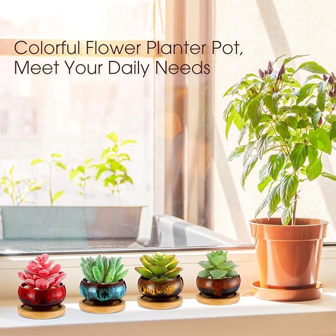 12 Pcs Succulent Pots 2.5 Inch Mini Ceramic Succulent Garden Flower Pots Planters with Drainage and Bamboo Tray for Indoor Garden Plants Planters Colorful Flower Pot(Round,1.2 Inch H)