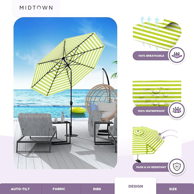 Midtown Umbrellas - 10-Year-No-Fade 6 Ft Patio Umbrella with Terylast Fabric, Auto-Tilt Aluminum Frame and 8 Reinforced Ribs for Deck, Pool, Garden & Beach - Green/White Stripes Canopy, Black Pole
