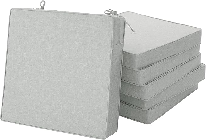 Outdoor Chair Cushions, Water-Resistant & Fade-Resistant, Patio Furniture Seat Replacement Chair Pads with Ties Zipper, Removable Cover, Non-Slip Bottom, Set of 6, 18.5 x 16 Inch, Light Grey