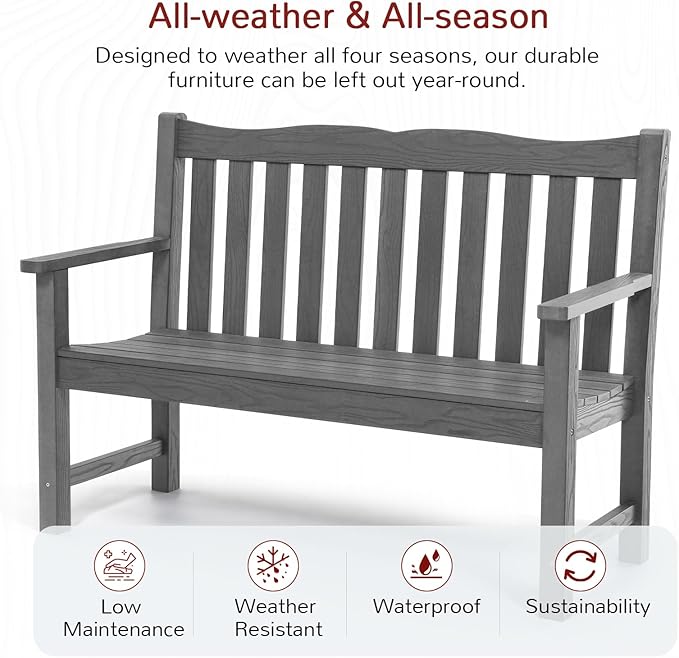 Stoog 3 Piece Outdoor Bench & Outdoor Chairs Set, All-Weather HIPS Patio Furniture Set, Include 1 Patio Bench and 2 Patio Chairs, Grey