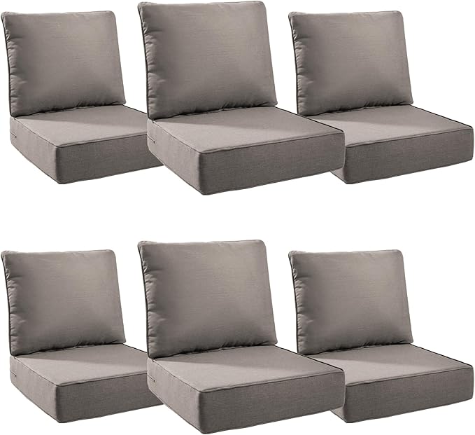 6" Thick Outdoor Cushions 24x24x6, 6-Set Deep Seat Patio Cushions with Removable Cover, Waterproof & Fade Resistant Replacement for Wicker Chair, Loveseat, Sofa - Grey