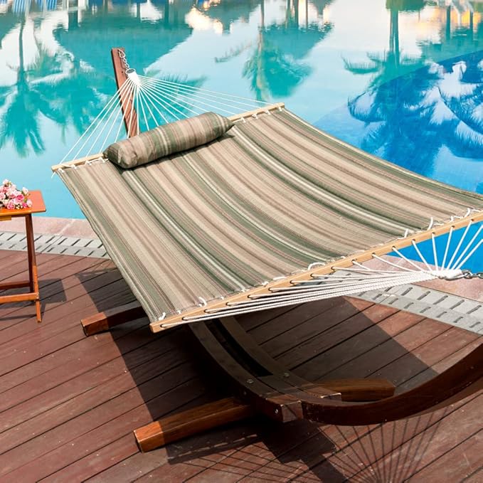Lazy Daze 12 FT Quilted Fabric Double Hammock with Spreader Bars and Detachable Pillow, 2 Person Hammock for Outdoor Patio Backyard Poolside, 450 LBS Weight Capacity, Mixed Green & Brown Stripe