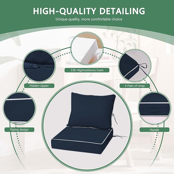 Outdoor Chair Cushions 2 Set,24 x 24 x 5IN, Patio Deep Seat Cushion for Patio Furniture, Waterproof Fade Resistant Thick Deep Seating Pads for Outside Wicker Ratten Chair Couch,navy+white piping