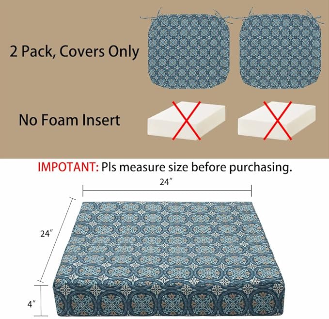 Magpie Fabrics Indoor Outdoor Cushion Cover Replacement 2 Pack, NO Insert! Water Repellent Slipcover with Ties Decor for Patio Garden Chair Seat Sofa Bench Wicker(Morgan Medal Blue, 24x24x4 Inch)