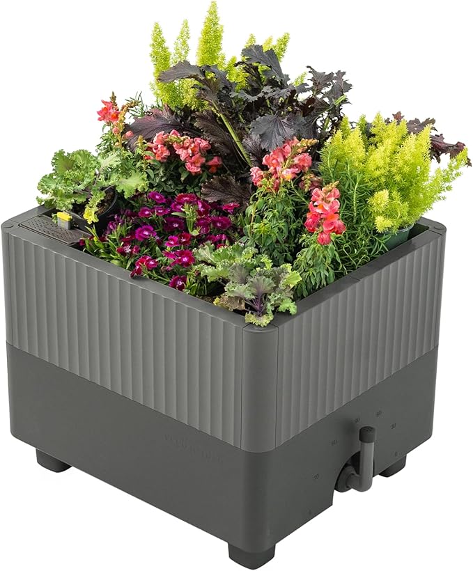 Vego garden EZCube Self Watering Planter Box Outdoor, Raised Garden Bed with Water Gauge for Balcony, Rooftop, Patio, Backyard 21" x 24" Fog Gray