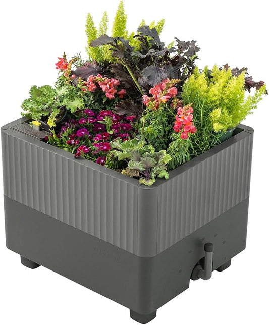 Vego garden EZCube Self Watering Planter Box Outdoor, Raised Garden Bed with Water Gauge for Balcony, Rooftop, Patio, Backyard 21" x 24" Fog Gray