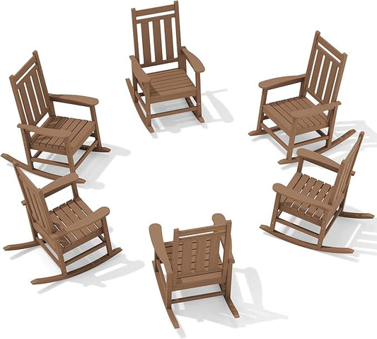 KINGYES Outdoor Rocking Chair Set of 6, All-Weather Patio Rocking Chairs for Porch, HDPE Rocking Outdoor Chairs with High Back for Adult, Heavy Duty Outdoor Patio Rockers for Garden, Lawn, Brown