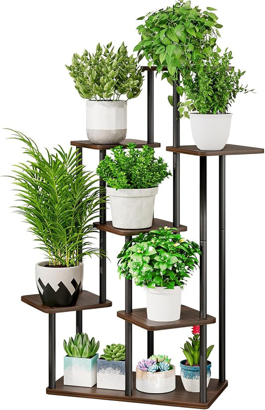 AZERPIAN Plant Stand 7 Tier Indoor Metal Flower Shelf for Multiple Plants Corner Tall Flower Holders for Patio Garden Living Room Balcony Bedroom, Black Oak