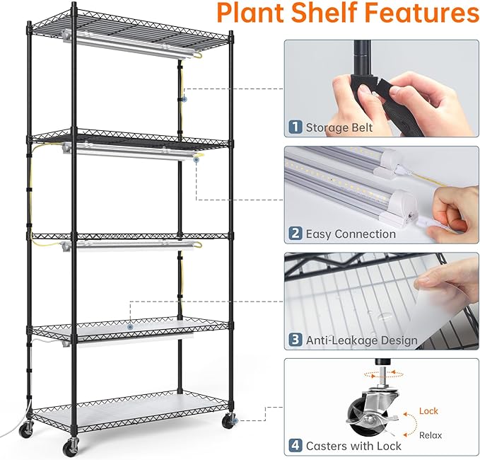 Bstrip Plant Shelf with Grow Light, 5-Tier Plant Stand with T8 24W Grow Light for Indoor Plants with Wheel, Grow Light Shelf with Timer for Indoor Plant, Seedling, Seed Starting, 29.5x13.8x59IN