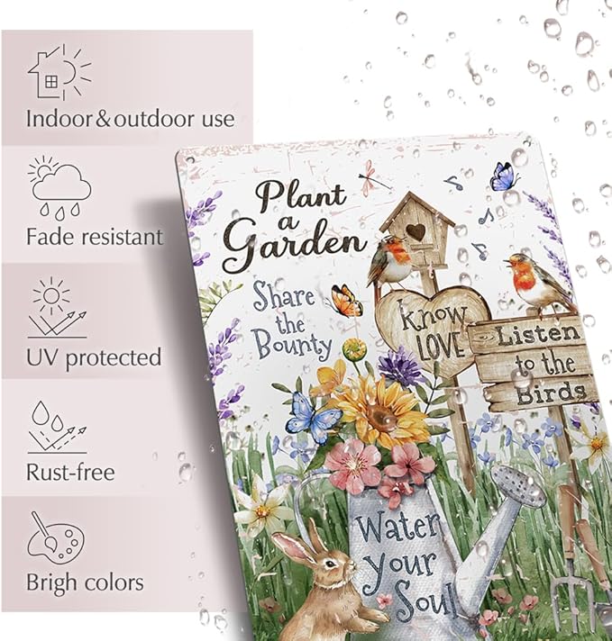 Garden Metal Decor Signs-Plant A Garden,Share the Bounty, Listen to the Birds, Water Your Soul Metal Sign for Gardeners Plant Lovers 12"x8"