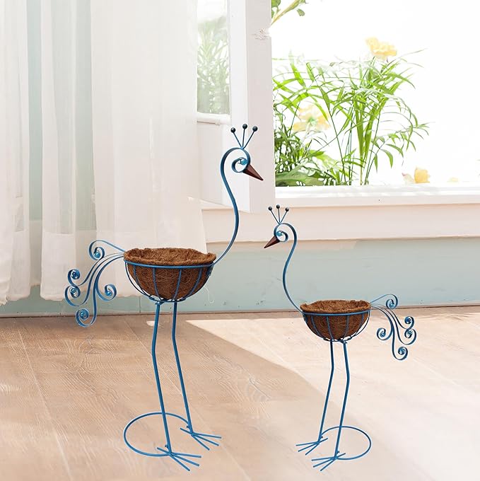 Blue Peacock Planters,Metal Peacock Plant Pots Decorations with Fiber Basket,Outdoor Indoor Standing Bird Planters Lawn Garden Décor Art for Lawn,Yard,Patio,Balcony Ornament（Set of 2）