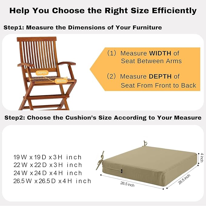 idee-home Outdoor Chair Cushions Set of 2, Waterproof Outdoor Seat Cushions for Patio Furniture, Outside Replacement Chair Pad with Ties for Lawn Deck Porch, 26.5 x 26.5