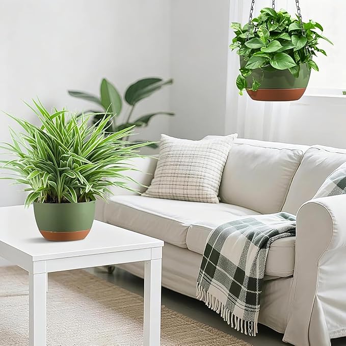Hanging Planters for Indoor Plants, Set of 2 8/10 Inch Self-Watering Hanging Pots with Drainage Hole & Removable Water-Storage Tray II Screw-in Hooks II