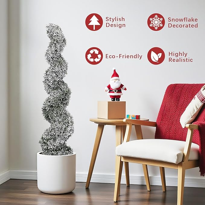 THE BLOOM TIMES 4ft Snow Flocked Spiral Topiary Trees Artificial Outdoor Set of 2, 48" Faux Fake Boxwood Plants for Front Porch Planter, Indoor or Covered Outside Display Christmas Decor 4 Foot