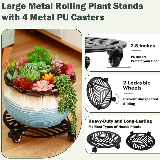 3 Packs Metal Plant Caddy with Wheels 12/13/13.6 inches Heavy-Duty Iron Rolling Plant Stand with Casters Indoor Outdoor Wheeled Plant Roller Base Pot Movers Plant Dolly Coaster Trolley Black