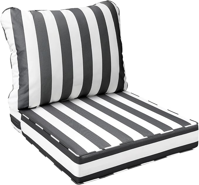 AAAAAcessories Outdoor Seat Cushions for Chairs, Fade-Resistant, Waterproof Patio Furniture Replacement Cushions, 22" x 24" x 5" + 22" x 19", Gray Cabana Stripe